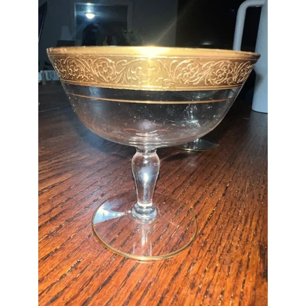 Vintage Double Band 24k Gold Encrusted 4.25” Crystal Cocktail Glasses (2)